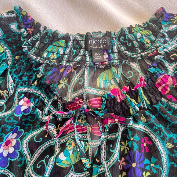 Nicole Miller Black Boho Floral Peasant Blouse Multi-Colour Sz M Renaissance Y2K - Picture 7 of 15